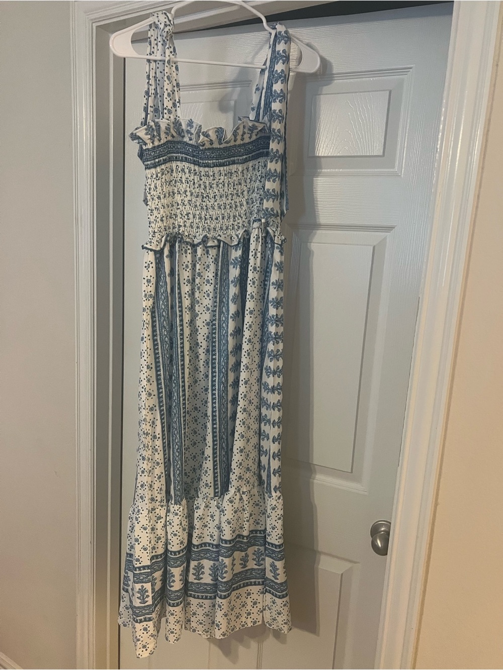 Smocked Blue and White Floral Maxi Dress
